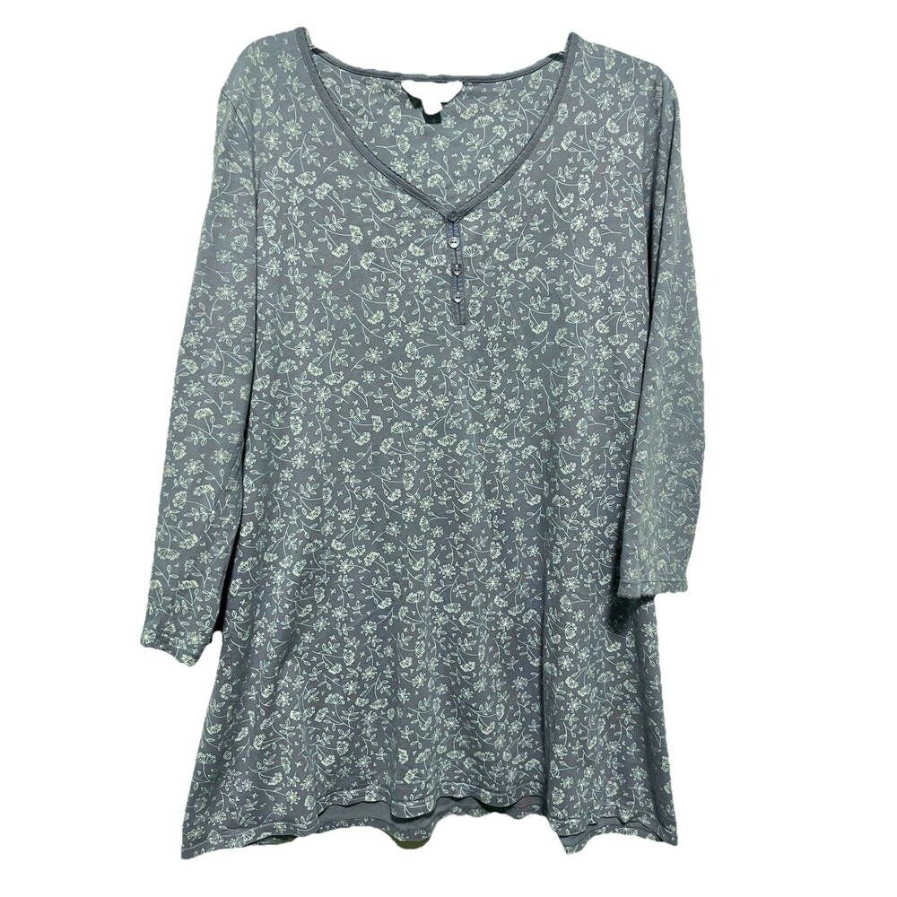 Charter Club Cotton Periwinkle Blue Floral Henley LS Nightgown Sleepshirt Size L